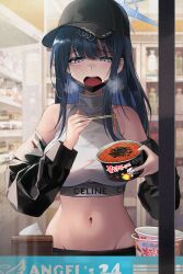 Rule 34 | 1girl, absurdres, baseball cap, black hat, black jacket, black mask, blue archive, blush, breasts, breath, colorless (shachiwhitebb), convenience store, cropped shirt, cup, cup ramen, eating, food, food on face, groin, halo, hat, highres, holding, holding cup, instant ramen, jacket, jacket partially removed, large breasts, mask, mask pull, mouth mask, navel, saori (blue archive), shirt, shop, sleeveless, sleeveless shirt, solo, spicy, sweatdrop