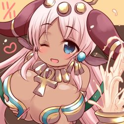 Rule 34 | 1girl, ankh, bad id, bad pixiv id, between breasts, blue eyes, blush, grabbing another&#039;s breast, breast hold, breasts, circlet, cleavage, cow horns, dark-skinned female, dark skin, dated, earrings, egyptian, food, grabbing, hathor (p&amp;d), heart, horns, huge breasts, jar, jewelry, long hair, mashiro miru, no nose, one eye closed, open mouth, pink hair, pocky, pocky day, puzzle &amp; dragons, solo, two-tone background