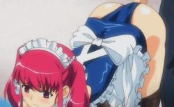Rule 34 | animated, animated gif, apron, ass, ass shake, blush, cosplay, fingering, maid headdress, natsumize sukumi, pink eyes, pink hair, red hair, school swimsuit, swimsuit, teasing, thighhighs, thighs, trembling, tsundere inran shoujo sukumi, twintails, vaginal
