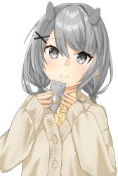 Rule 34 | 1girl, alternate costume, cardigan, collared shirt, fake horns, grey eyes, grey hair, horned headwear, horns, i-201 (kancolle), kantai collection, long hair, looking at viewer, low twintails, makinoki, shirt, simple background, solo, stuffed animal, stuffed cat, stuffed toy, twintails, white background, white cardigan, yellow shirt