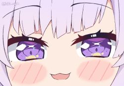 Rule 34 | 1girl, :3, :d, blush stickers, close-up, commentary, english commentary, hololive, kukie-nyan, looking at viewer, nekomata okayu, open mouth, portrait, purple eyes, purple hair, smile, solo, twitter username, virtual youtuber