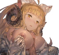 Rule 34 | 10s, 1girl, anila (granblue fantasy), aos, bare shoulders, blonde hair, blush, breast hold, breasts, censored, draph, gloves, granblue fantasy, hair ribbon, horns, large breasts, looking at viewer, mosaic censoring, nipples, open mouth, paizuri, penis, ribbon, simple background, solo, upper body, white background, yellow eyes