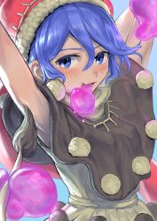 Rule 34 | 1girl, absurdres, armpits, arms up, blob, blue eyes, blue hair, blush, doremy sweet, dream soul, dress, fur-trimmed headwear, fur trim, hakonnbo, hat, highres, looking at viewer, nightcap, pom pom (clothes), solo, tail, tapir tail, touhou, upper body, white dress