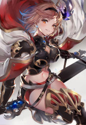 Rule 34 | 1girl, armor, belt, blonde hair, blue gemstone, blush, breastplate, breasts, brown eyes, cleavage, cleavage cutout, cloak, clothing cutout, conqueror of the eternals, djeeta (granblue fantasy), djeeta (granblue fantasy) (conqueror of the eternals), earrings, floating hair, gauntlets, gem, gloves, glowing, granblue fantasy, greatsword, greaves, grin, groin, hair ornament, head tilt, highres, jewelry, leg up, looking at viewer, medium breasts, multiple belts, navel, red shorts, running, sheath, short hair, short shorts, shorts, shoulder armor, smile, solo, soraneko hino, stomach, sword, weapon, white cloak, wind, wind lift