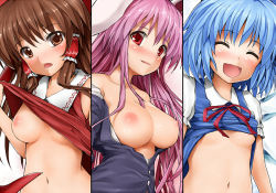 Rule 34 | 3girls, animal ears, bare shoulders, blastbeat, blue hair, breasts, brown eyes, brown hair, cirno, clothes lift, column lineup, hakurei reimu, large breasts, long hair, multiple girls, navel, nipples, no bra, off shoulder, open clothes, open mouth, open shirt, purple hair, rabbit ears, red eyes, reisen udongein inaba, shirt, shirt lift, short hair, smile, touhou