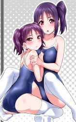 Rule 34 | 10s, 2girls, arm between breasts, ass, bare arms, between breasts, blush, breasts, collarbone, embarrassed, halftone, halftone background, highres, hug, kazuno leah, kazuno sarah, looking at viewer, love live!, love live! school idol project, medium breasts, multiple girls, one-piece swimsuit, open mouth, outline, polka dot, polka dot background, purple eyes, purple hair, saint snow, school swimsuit, seiza, siblings, side ponytail, sisters, sitting, spread legs, swimsuit, thighhighs, twintails, white legwear, yopparai oni