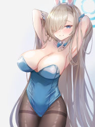 Rule 34 | 1girl, animal ears, armpits, arms behind head, arms up, asuna (blue archive), asuna (bunny) (blue archive), black pantyhose, blue archive, blue bow, blue bowtie, blue eyes, blue leotard, blush, bow, bowtie, breasts, cleavage, cowboy shot, detached collar, elbow gloves, fake animal ears, gloves, grey background, grin, habu rin, hair over one eye, halo, highleg, highleg leotard, highres, large breasts, leotard, light brown hair, long hair, mole, mole on breast, official alternate costume, one eye covered, pantyhose, parted lips, playboy bunny, rabbit ears, simple background, smile, solo, standing, strapless, strapless leotard, thighband pantyhose, white background, white gloves