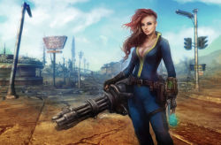 Rule 34 | 1girl, asymmetrical hair, belt, blue sky, breasts, building, cleavage, closed mouth, cloud, cup, drink, drinking glass, fallout (series), female focus, gatling gun, gun, jumpsuit, large breasts, long hair, minigun, pip boy, post-apocalypse, red hair, road, sky, solo, standing, traffic light, tree, vault suit, weapon