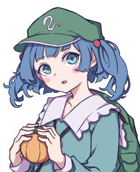 Rule 34 | 1girl, absurdres, backpack, bag, blue eyes, blue hair, blue shirt, blush stickers, collarbone, collared shirt, flat cap, frilled shirt collar, frills, green hat, hair bobbles, hair ornament, hat, highres, holding, kame (kamepan44231), kawashiro nitori, key, long sleeves, medium hair, one-hour drawing challenge, pumpkin, shirt, short twintails, sidelocks, simple background, solo, touhou, twintails, two side up, white background