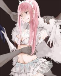 Rule 34 | 1girl, bra, breasts, cleavage, colored skin, elbow gloves, fate/grand order, fate (series), gloves, grey eyes, grey skin, highres, long hair, medb (fate), medb (fate), medium breasts, midriff, navel, pink hair, skirt, tiara, tongue, tongue out, underwear
