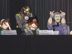 Rule 34 | 1girl, 3boys, bandana, black hair, braid, brothers, brown hair, character name, choker, commentary request, covering face, domon kasshu, double middle finger, dougi, earrings, embarrassed, english text, facial hair, g gundam, gloves, grey hair, gundam, hairband, hands up, headband, highres, indoors, jacket, jewelry, kyouji kasshu, long hair, male focus, mask, master asia, microphone, middle finger, multiple boys, mustache, old, old man, aged up, parody, press conference, rain mikamura, scar, schwarz bruder, serious, shirt, short hair, siblings, sitting, tanakalma, uniform