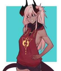 Rule 34 | 1girl, aiko (less), arm behind back, bare arms, black sclera, black shorts, breasts, colored sclera, commentary, cowboy shot, dark-skinned female, dark skin, demon girl, drawstring, english commentary, hair between eyes, hand on own hip, highres, hood, hood down, hoodie, horns, less, long hair, looking at viewer, original, parted lips, pink hair, pointy ears, short shorts, shorts, sideboob, simple background, sleeveless, sleeveless hoodie, smile, solo, tail, white eyes