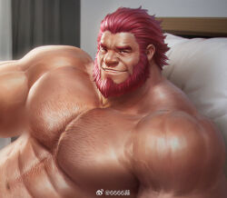 Rule 34 | 1boy, 6suan, abs, alternate body hair, bara, beard, chest hair, come hither, cropped, facial hair, fate/zero, fate (series), from side, iskandar (fate), large pectorals, looking at viewer, male focus, mature male, muscular, muscular male, navel, navel hair, no nipples, nude, pectorals, red eyes, seductive smile, short hair, smile, solo, stomach, thick eyebrows, upper body, wrinkled skin
