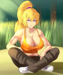 Rule 34 | 1girl, absurdres, blonde hair, breasts, cleavage, highres, large breasts, long hair, midriff, muscular, ponytail, purple eyes, rwby, solo, sowilo, tank top, yang xiao long