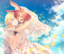 Rule 34 | 1boy, 1girl, animal ear fluff, animal ears, arms around neck, bare shoulders, blonde hair, blush, breasts, calm mashiro, carrying, cleavage, closed eyes, cloud, confetti, couple, day, dress, elf, etrian odyssey, formal, gloves, green eyes, groom, hound (sekaiju), jewelry, legs, long hair, looking at another, medium breasts, necklace, one eye closed, open mouth, pointy ears, princess carry, rabbit ears, red hair, sekaiju no meikyuu, sekaiju no meikyuu 5, shoes, short hair, sky, smile, suit, veil, warlock (sekaiju), wedding, wedding dress, white dress, white footwear, white gloves, white suit
