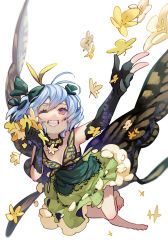 Rule 34 | 1girl, ahoge, antennae, barefoot, black gloves, blue hair, blush, bow, breasts, butterfly wings, choker, dress, elbow gloves, eternity larva, flower, frilled dress, frills, gloves, green bow, grin, hair between eyes, hair bow, insect wings, looking to the side, one eye closed, red eyes, short hair, simple background, small breasts, smile, solo, syuri22, teeth, touhou, white background, wings