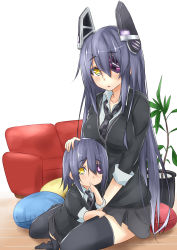 Rule 34 | 10s, 2girls, absurdres, alternate hair length, alternate hairstyle, black legwear, blue hair, checkered clothes, checkered necktie, checkered neckwear, dress shirt, eyepatch, hair ornament, hand on another&#039;s head, heart, highres, if they mated, kantai collection, long hair, looking at viewer, mother and daughter, multiple girls, necktie, open mouth, resized, revision, saku (kudrove), shirt, short hair, sitting, smile, tenryuu (kancolle), thighhighs, yellow eyes, aged down