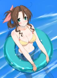 Rule 34 | 1990s (style), 1girl, aerith gainsborough, bikini, blush, bow, breasts, brown hair, cleavage, costa del sol, final fantasy, final fantasy vii, from above, green eyes, hair bow, hair up, hamoni, innertube, krudears, looking at viewer, looking up, navel, partially submerged, retro artstyle, side-tie bikini bottom, smile, solo, swim ring, swimsuit, water