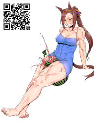 Rule 34 | 1girl, absurdres, animal ears, bare shoulders, barefoot, blue one-piece swimsuit, breasts, brown hair, cleavage, clenched teeth, closed eyes, commentary request, competition school swimsuit, competition swimsuit, covered navel, ear ornament, feet, food, fruit, full body, hairband, highres, horse ears, horse girl, horse tail, large breasts, long hair, minew, muscular, muscular female, one-piece swimsuit, ponytail, qr code, sakura bakushin o (umamusume), school swimsuit, simple background, solo, swimsuit, tail, teeth, thighs, toes, tracen swimsuit, umamusume, watermelon, white background