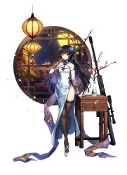 Rule 34 | 1girl, absurdres, anti-materiel rifle, barrett m82, black hair, black panties, black thighhighs, bracelet, breasts, china dress, chinese clothes, closed mouth, counter:side, crossed ankles, dress, flower, folded fan, folding fan, full body, gun, hair flower, hair ornament, hand fan, highres, huge filesize, jewelry, lantern, long dress, long hair, nail polish, night, official alternate costume, official art, panties, paper lantern, petals, pink nails, red eyes, rifle, side slit, sidelocks, small breasts, smile, sniper rifle, solo, thighhighs, transparent background, underwear, weapon, white dress, xiao lin (counter:side)