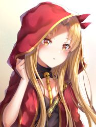 Rule 34 | 1girl, absurdres, beige background, blonde hair, blush, breasts, commentary request, earrings, ereshkigal (fate), fate/grand order, fate (series), gradient background, hair ribbon, hand up, highres, hood, hood up, huge filesize, ijac ray, jewelry, long hair, looking at viewer, medium breasts, parted bangs, parted lips, red eyes, red ribbon, ribbon, solo, spine, two side up, upper body, white background