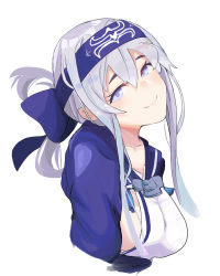 Rule 34 | 1girl, absurdres, ainu clothes, bandana, blue eyes, blush, breasts, cropped torso, folded ponytail, hair between eyes, headband, highres, kamoi (kancolle), kantai collection, long hair, looking at viewer, medium breasts, one-hour drawing challenge, ponytail, sideboob, sidelocks, silver hair, simple background, smile, solo, umi owl, white background