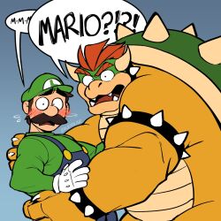 Rule 34 | 2boys, bara, blush, bowser, brown hair, english text, facial hair, feet out of frame, furry, furry male, furry with non-furry, hand on another&#039;s waist, highres, interspecies, luigi, male focus, mario (series), multiple boys, muscular, muscular male, mustache, nintendo, racesolar, short hair, size difference, speech bubble, super mario bros. 1, surprised, thick eyebrows, wide-eyed, yaoi