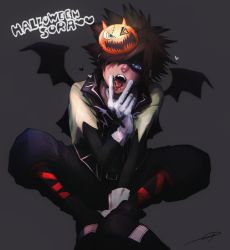 Rule 34 | 1boy, bat wings, blue eyes, brown hair, gloves, hair over one eye, halloween costume, highres, kingdom hearts, kingdom hearts ii, male focus, mask, mask on head, mini wings, sano (hospital 0434), shaded face, solo, sora (kingdom hearts), spiked hair, squatting, the nightmare before christmas, tongue, tongue out, white gloves, wings