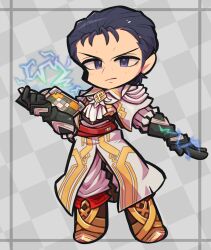 Rule 34 | 1boy, alternate costume, ascot, book, chibi, closed mouth, commission, commissioner upload, electricity, fire emblem, fire emblem: thracia 776, fire emblem heroes, gloves, highres, holding, holding weapon, ibara., nintendo, reinhardt (fire emblem), skeb commission, weapon