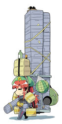 Rule 34 | 1girl, = =, backpack, bag, beret, bird, bird nest, bodysuit, boots, carrying, carrying under arm, chibi, colonel aki, commentary, crow, death stranding, food, fruit, gloves, hat, highres, hong meiling, jumpsuit, long hair, parody, red hair, shadow, sidelocks, solo, standing, star (symbol), suitcase, touhou, translation request, watermelon, white background
