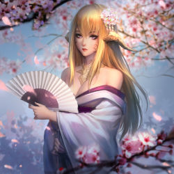 Rule 34 | 1girl, au ra, warrior of light (ff14), bare shoulders, blonde hair, blurry, blurry background, blurry foreground, breasts, chaosringen, cherry blossoms, cleavage, closed mouth, commission, dragon horns, final fantasy, final fantasy xiv, hair ornament, hand fan, highres, horns, japanese clothes, kimono, large breasts, lips, long hair, looking at viewer, off shoulder, outdoors, petals, portrait, purple eyes, scales, solo, standing, upper body