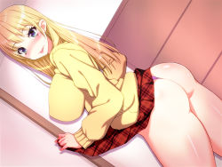 Rule 34 | 1girl, ass, bare legs, blazer, blonde hair, blush, breasts, clothes lift, dutch angle, earrings, eyebrows, green eyes, highres, huge ass, huge breasts, indoors, jacket, jewelry, legs, long hair, long sleeves, looking at viewer, miniskirt, nabesekizaiten, original, plaid, plaid skirt, puffy nipples, school uniform, shiny skin, sideboob, skirt, skirt lift, smile, solo, standing, sweater, thighs, thong, tongue, tongue out