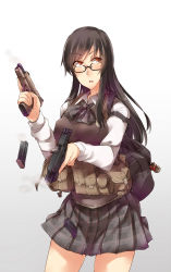 Rule 34 | 1girl, ayyh, backpack, bag, breasts, brown hair, glasses, gradient background, gun, handgun, highres, large breasts, looking to the side, miniskirt, parted lips, pleated skirt, pouch, red eyes, semi-rimless eyewear, skirt, solo, weapon