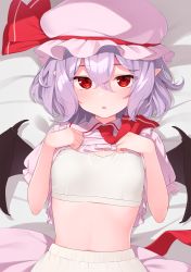 Rule 34 | 1girl, ascot, bat wings, bed, bloomers, blush, bra, breasts, clothes lift, collared shirt, eyes visible through hair, hair between eyes, hands up, hat, hat ribbon, highres, kanpa (campagne 9), lifted by self, light purple hair, looking at viewer, looking up, lying, midriff, mob cap, necktie, on back, open mouth, parted lips, pink hat, pink shirt, pink skirt, pointy ears, puffy short sleeves, puffy sleeves, purple hair, red ascot, red eyes, red necktie, red ribbon, remilia scarlet, ribbon, shadow, shirt, shirt lift, short hair, short sleeves, sidelocks, skirt, skirt set, small breasts, solo, sports bra, stomach, tank top, touhou, underwear, unworn skirt, white bra, wings