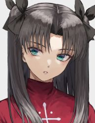 Rule 34 | 1girl, black bow, black hair, blue eyes, bow, commentary request, fagi (kakikaki), fate/stay night, fate (series), grey background, hair bow, hair ribbon, long hair, looking at viewer, parted bangs, parted lips, red sweater, ribbon, simple background, solo, sweater, teeth, tohsaka rin, two side up, upper body