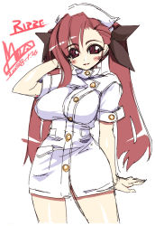 Rule 34 | 1girl, bow, breasts, brown hair, hair bow, hat, large breasts, long hair, mel/a, nurse, nurse cap, original, red eyes, ripre, short sleeves, solo, twintails