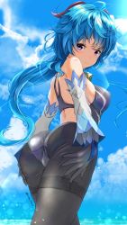 Rule 34 | 1girl, ahoge, ass, ass focus, bare shoulders, bell, black pantyhose, blue hair, blue sky, blush, breasts, competition swimsuit, covered erect nipples, cowbell, cowboy shot, day, deep skin, detached sleeves, elbow gloves, embarrassed, eyelashes, from behind, from side, ganyu (genshin impact), garter-velvet, genshin impact, gloves, goat horns, highres, horns, long hair, looking at viewer, medium breasts, one-piece swimsuit, pantyhose, pantyhose over swimsuit, pantyhose under swimsuit, ponytail, purple eyes, shorts, sideboob, sky, solo, summer, swimsuit, thick thighs, thighband pantyhose, thighs, twitter username, white sleeves