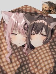 Rule 34 | 1girl, 1other, absurdres, akiyama mizuki, animal, animal ears, artist name, blanket, brown eyes, brown hair, cat, cat ears, closed mouth, commentary request, drill hair, drill sidelocks, grey background, half-closed eyes, highres, hue 0813, kitten, light blush, one eye closed, photo-referenced, photo inset, pink eyes, pink hair, project sekai, shinonome ena, short hair, sidelocks, tears, under covers, wavy mouth