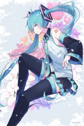 Rule 34 | 1girl, bare shoulders, belt, blue eyes, blue hair, commentary, detached sleeves, floral background, flower, from side, full body, hair ornament, hatsune miku, highres, knee up, long hair, nail polish, necktie, orchid, shoulder tattoo, sitting, skirt, solo, tattoo, thighhighs, tulip, twintails, twitter username, very long hair, vocaloid, wanaxtuco, zettai ryouiki