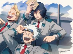 Rule 34 | 3boys, ^ ^, adjusting goggles, against wall, aged down, annoyed, arm up, balcony, bandaid, bandaid on face, bandaid on nose, bangs pinned back, black eyes, black hair, blazer, blonde hair, blue hair, blue pants, blurry, blurry background, blush, boku no hero academia, book, brush stroke, buttoned cuffs, buttons, closed eyes, cloud, collared shirt, commentary request, day, double horizontal stripe, eraser head (boku no hero academia), eyes visible through hair, goggles, goggles on head, grey jacket, hair between eyes, hand on goggles, hand up, happy, highres, holding, holding book, jacket, knees up, lapels, leaning back, leaning on person, light blue hair, long sleeves, loud cloud, lower teeth only, male focus, multiple boys, nakamu 405, necktie, notched lapels, on floor, open mouth, orange-tinted eyewear, outside border, pants, partial commentary, pointing, pointing at another, present mic, quiff, reclining, red necktie, reflection, school uniform, shadow, shirt, short hair, side-by-side, sitting, smile, sunglasses, sweatdrop, teeth, tinted eyewear, tongue, tongue out, twitter username, u.a. school uniform, upper body, v-shaped eyebrows, white-framed eyewear, white shirt, wing collar