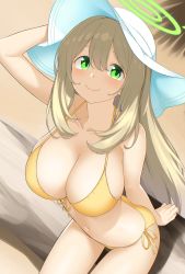 Rule 34 | 1girl, absurdres, bikini, blue archive, breasts, brown hair, closed mouth, green eyes, halo, hat, hatakenaka (kamagabuchi), highres, large breasts, long hair, looking at viewer, navel, nonomi (blue archive), nonomi (swimsuit) (blue archive), side-tie bikini bottom, smile, solo, swimsuit, white hat, yellow bikini