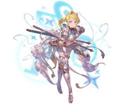 Rule 34 | 1girl, armor, ayase eli, blonde hair, boots, dual wielding, faulds, full body, gauntlets, granblue fantasy, greaves, holding, layered skirt, love live!, love live! school idol project, official art, ponytail, skirt, sword, thigh boots, thighhighs, transparent background, weapon