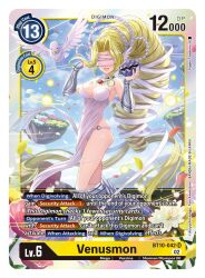Rule 34 | 1girl, armored boots, bare shoulders, bird, blindfold, blonde hair, boots, breasts, card (medium), choker, cleavage, commentary, creature, digimon, digimon (creature), digimon card game, dove, dress, drill hair, english commentary, floating, floating hair, full body, hand up, highres, holding, hotan (digimon), jewelry, long hair, medium breasts, multiple others, necklace, o-ring, o-ring bottom, official art, olive (digimon), panties, parted bangs, parted lips, scallop, second-party source, sidelocks, smile, solo focus, strapless, strapless dress, thighs, underwear, venusmon, very long hair, white dress, white panties, wing ears