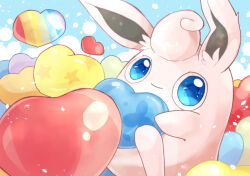 Rule 34 | asakirirokuyu, balloon, blue background, blue eyes, closed mouth, commentary request, creatures (company), game freak, gen 1 pokemon, heart, heart balloon, holding, holding balloon, looking at viewer, nintendo, no humans, pokemon, pokemon (creature), rainbow, simple background, smile, solo, star (symbol), two-tone background, white background, wigglytuff