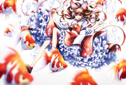 Rule 34 | 1girl, air bubble, animal, ascot, bow, brown hair, bubble, detached sleeves, fish, frilled skirt, frills, hair bow, hair tubes, hakurei reimu, ling (vivianling), long hair, long sleeves, looking at viewer, petticoat, red skirt, ribbon, scales, simple background, skirt, submerged, touhou, underwater, vest, water, white background