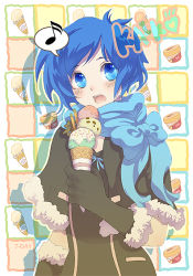 Rule 34 | 1girl, 7d, bad id, bad pixiv id, blue eyes, blue hair, blue scarf, blush, bow, elbow gloves, food, gender request, genderswap, gloves, ice cream, kaiko, matching hair/eyes, musical note, open mouth, scarf, solo, vocaloid, zhuo mi