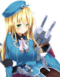 Rule 34 | 10s, 1girl, atago (kancolle), blonde hair, breasts, cannon, fur trim, green eyes, hat, highres, kantai collection, long hair, long sleeves, mizushina minato, pantyhose, personification, smile, solo, turret, weapon, white background