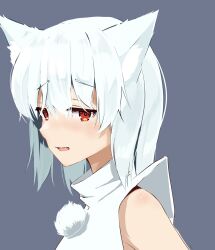 Rule 34 | 1girl, animal ears, blush, commentary request, grey background, highres, inubashiri momiji, looking at viewer, no headwear, open mouth, pom pom (clothes), red eyes, simple background, solo, tobiuo (fchain82), touhou, upper body, wolf ears