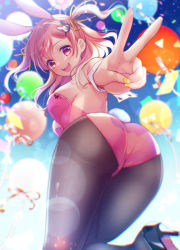 Rule 34 | 1girl, :d, animal ears, ass, ass focus, balloon, bang dream!, bare back, bare shoulders, black footwear, black pantyhose, blurry, blurry background, blush, breasts, confetti, day, fake animal ears, fake tail, foot out of frame, from below, hair ornament, hair ribbon, hairband, hairclip, high heels, highres, hiromachi nanami, lens flare, leotard, looking at viewer, medium breasts, medium hair, nail polish, open mouth, outdoors, pantyhose, perspective, pink hair, pink leotard, playboy bunny, purple eyes, rabbit ears, rabbit hair ornament, rabbit tail, ribbon, short twintails, sideboob, sidelocks, sky, sleeveless, smile, solo, standing, strapless, strapless leotard, tail, teeth, tsurugi hikaru, twintails, upper teeth only, v, wrist cuffs, yellow nails, yellow ribbon