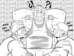 Rule 34 | 3boys, absurdres, armpit hair, armpit hair peek, bara, beard, bench press, borrowed character, bulge, earrings, forked eyebrows, from above, full beard, glasses, greyscale, grunt (onlytusks), hat over eyes, highres, jewelry, large pectorals, lying, male focus, mature male, monochrome, monster boy, multiple boys, muscular, muscular male, nipple slip, nipples, o o, on back, onlytusks, orc, original, pectorals, pointy ears, rhys (juggermelon), sanpaku, scar, scar on face, scar on nose, short hair, shorts, sidepec, smelling armpit, sound effects, spread legs, sweat, sweaty clothes, tank top, thick beard, thick eyebrows, thick thighs, thighs, tusks, very sweaty, yaoi, zorg (onlytusks)